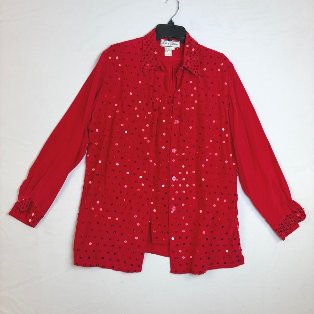 Diane Gilman Vintage 100% Silk Sequin‎ 2 Piece Shirt Tank Set Red Womens M Loud